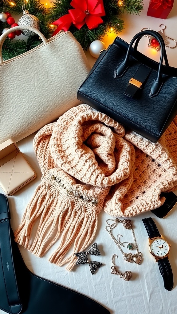 Flat lay of stylish accessories including a handbag, scarf, jewelry, and watch on a festive background.